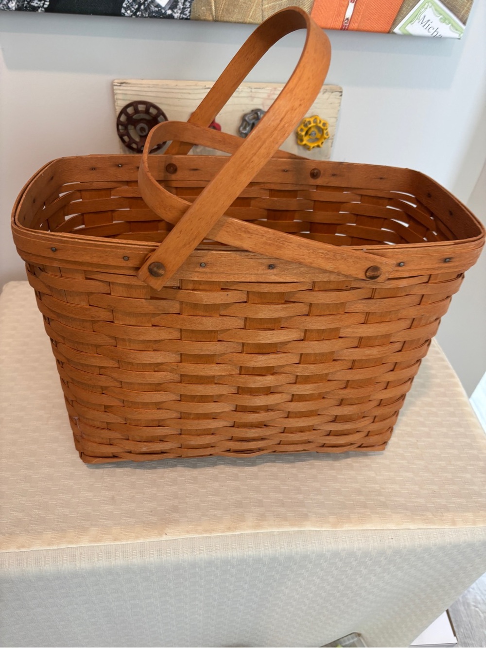 Longaberger Natural Brown Woven Basket with Wooden Handle - Picture 2 of 3